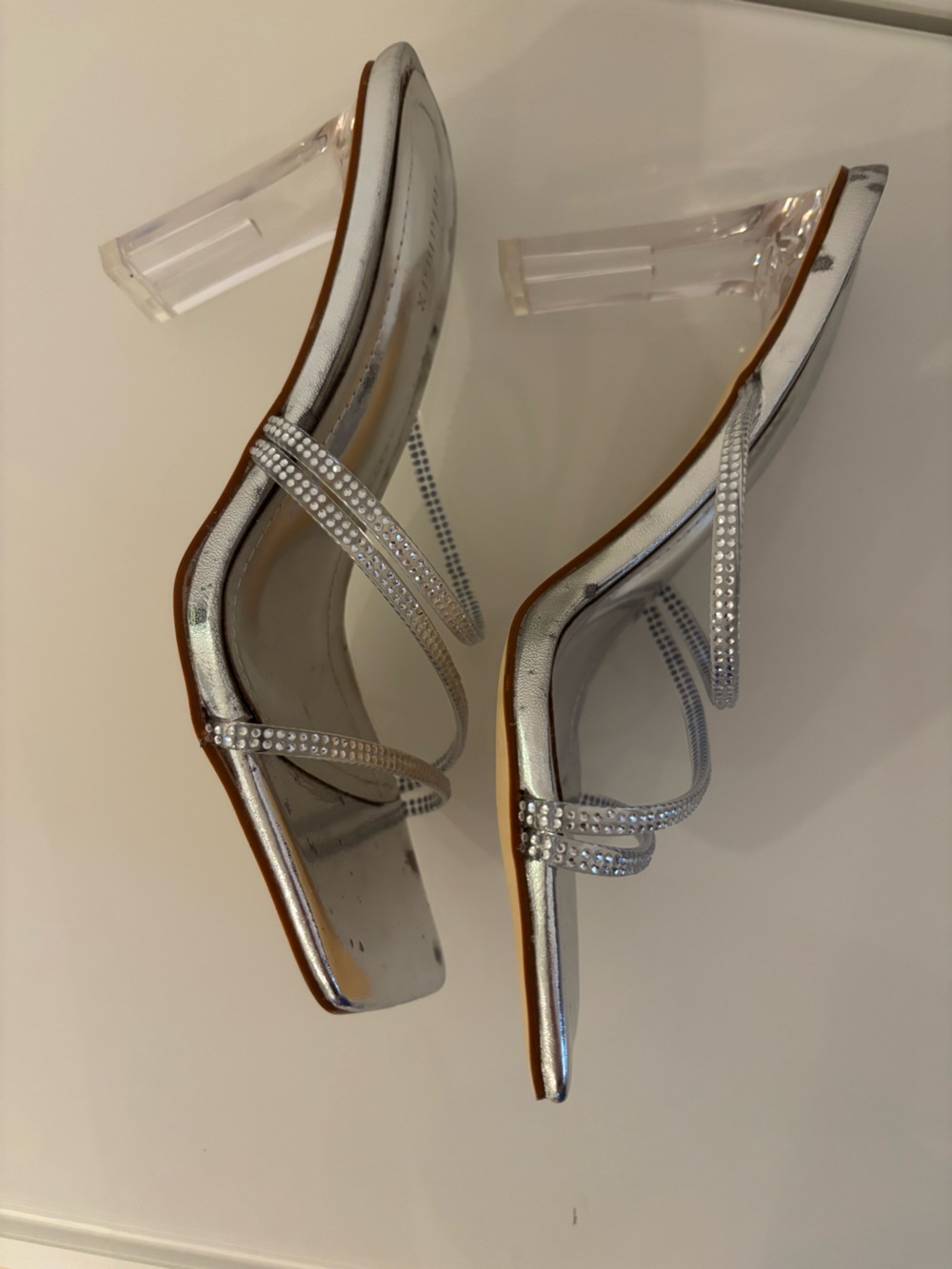 Lulamax Silver Rhinestone Clear Strappy Stiletto Mules - Picture 6 of 12